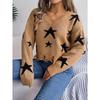 Autumn/Winter Casual V-Neck Star-Print Distressed Long-Sleeved Knitted Pullover for Women