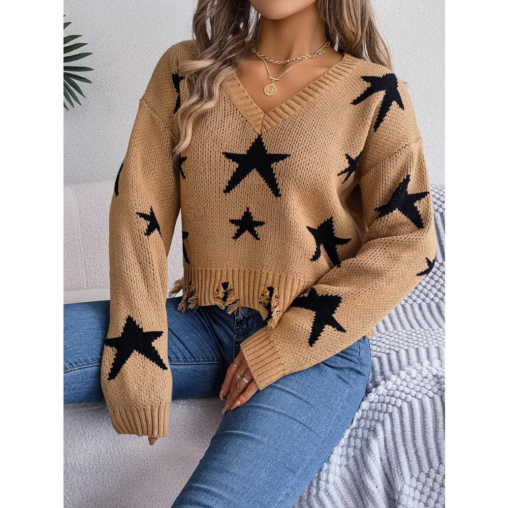 Autumn/Winter Casual V-Neck Star-Print Distressed Long-Sleeved Knitted Pullover for Women