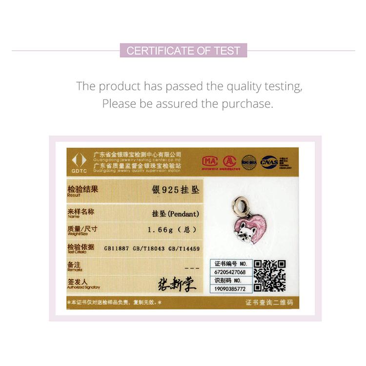 BAMOER 925 Sterling Silver Bead Cute Puppy Charm Pink Heart Shape Pendant Fit Origional Bracelet Jewelry Gift for Girl
