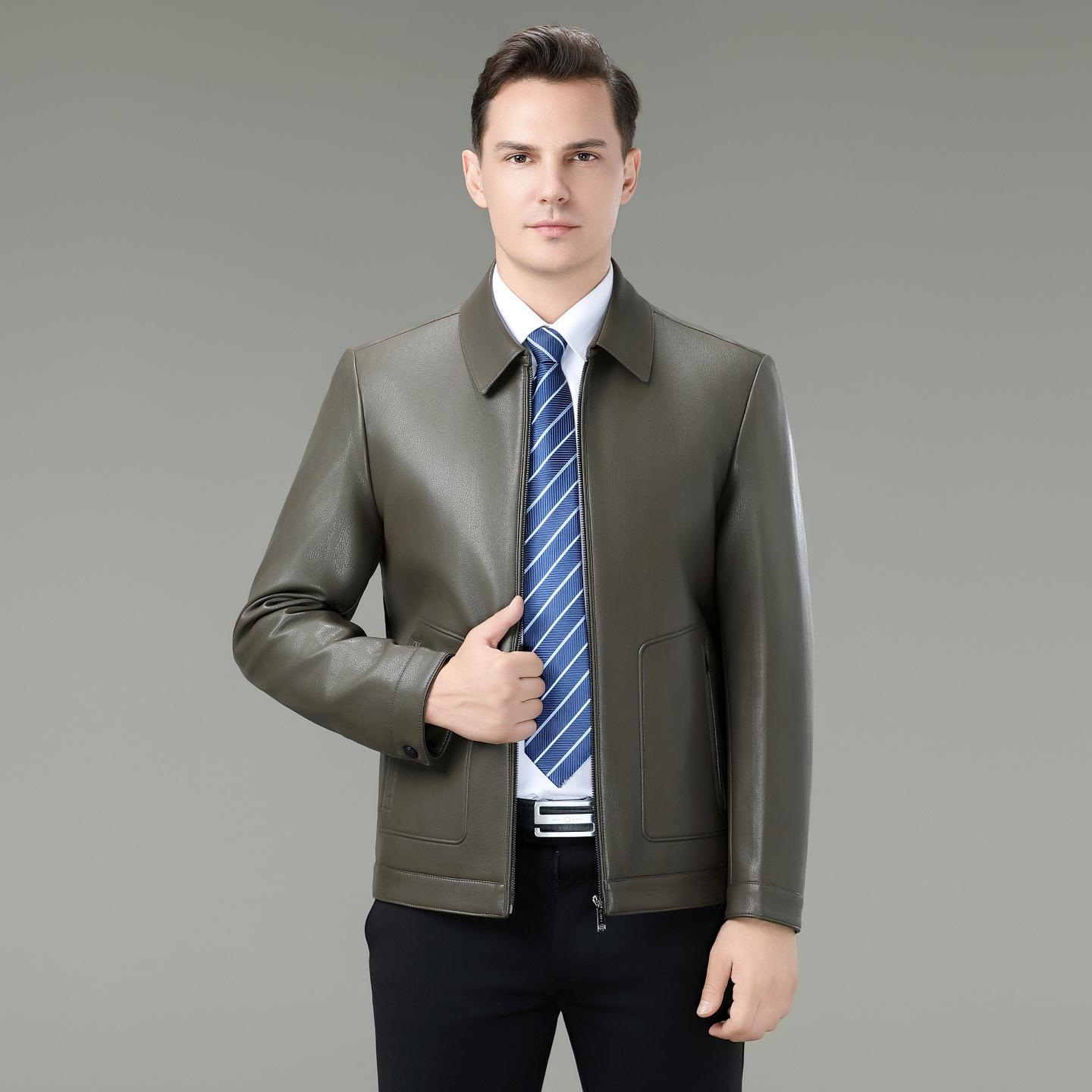 

Men s High-End Sheepskin Leather Jacket - Spring/Autumn 2025 Business Casual Style with Lapel for Middle-Aged Dads M