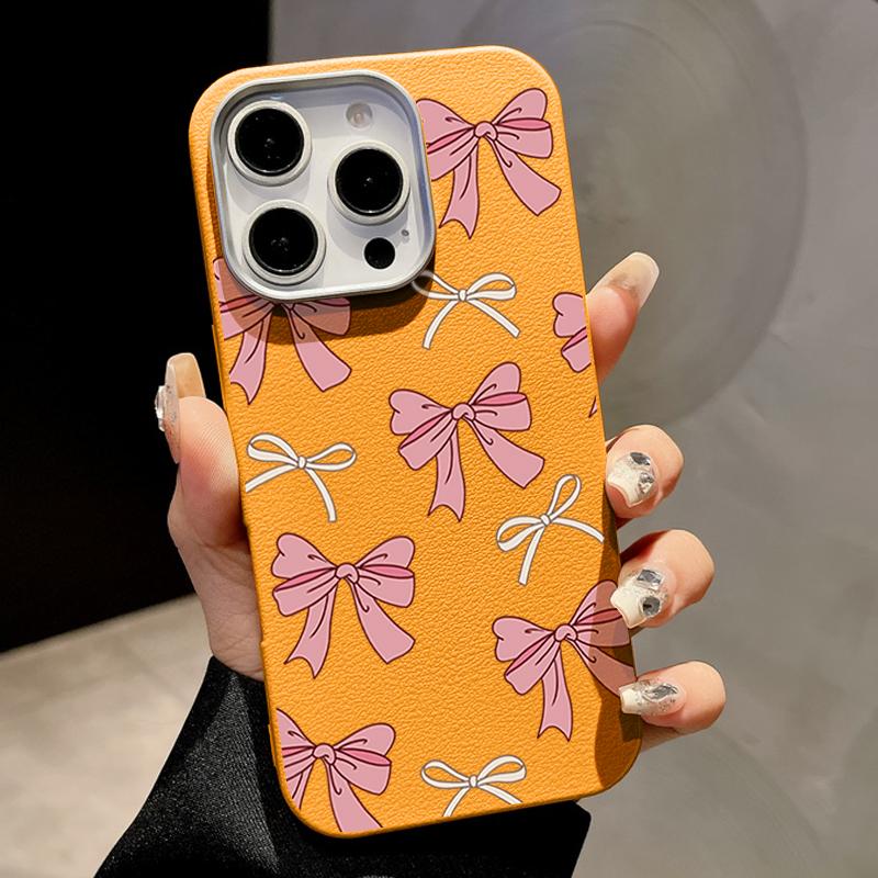 Cute Pink Bow Phone Case For iPhone 16 Pro Max Coque for iPhone 15 14 13 Pro Max 16e Magnetic Leather Texture Silicone Case Cover