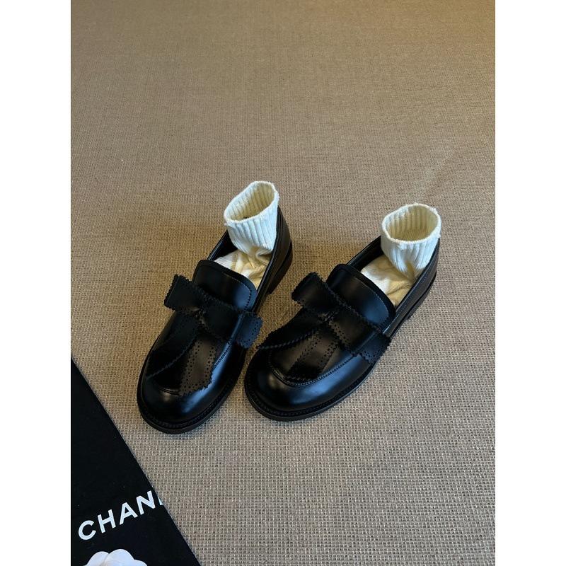 Cowhide Version~ Round Head Bow British Style Loafers One Pedal Retro College Single Shoes Low Heel Small Leather Shoes Women