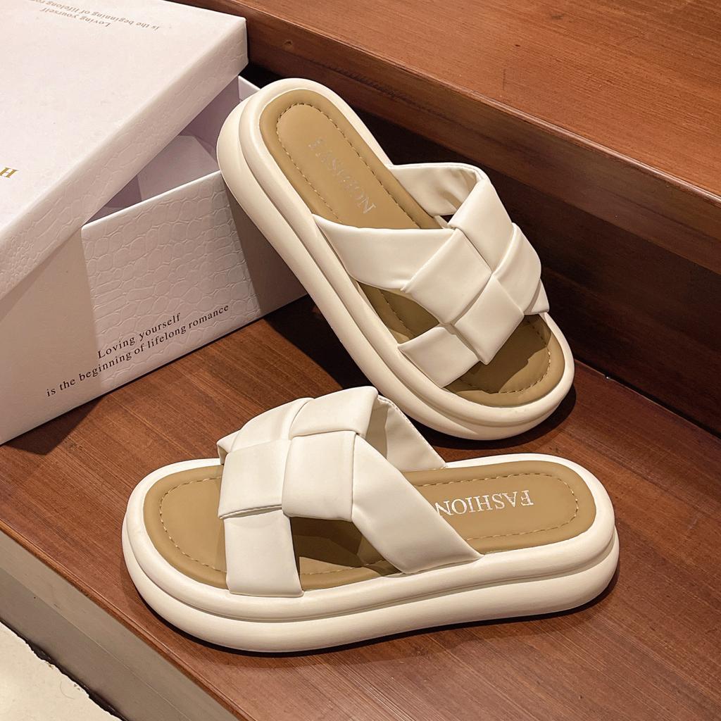 2025 lato nowe wersja koreańska na grubej podeszwie casualowe tkane jednosłowne fajne kapcie kwadratowa podeszwa miękka podeszwa sandały plażowe damskie