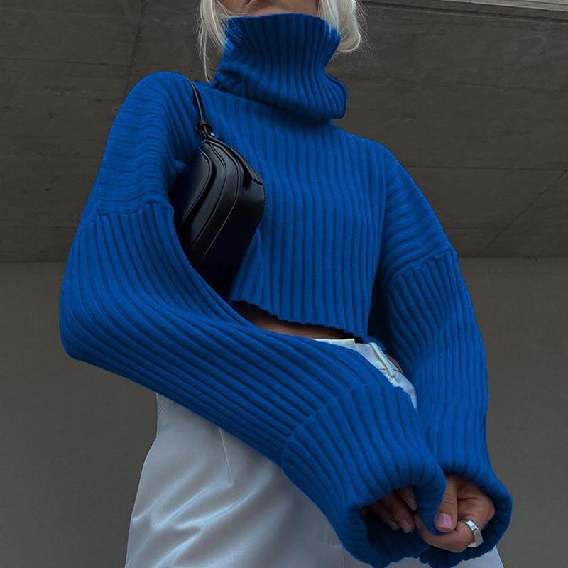 Rollkragenpullover für Damen, einfarbig, gestreift, lässiges Oberteil, verkürzte, ausgestellte Ärmel, Strickpullover