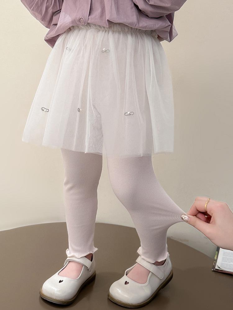 Pantalon en maille pour filles Printemps & Automne avec Jupe en Gaze Perle - Leggings Élégants Deux-en-Un pour Bébés Filles