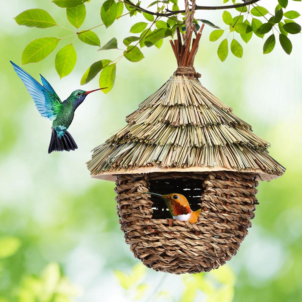 Handwoven Straw Bird Nest Parrot Hatching Breeding Grass Cave Hanging Bird House Cage Outdoor Garden Shelter Hideaway