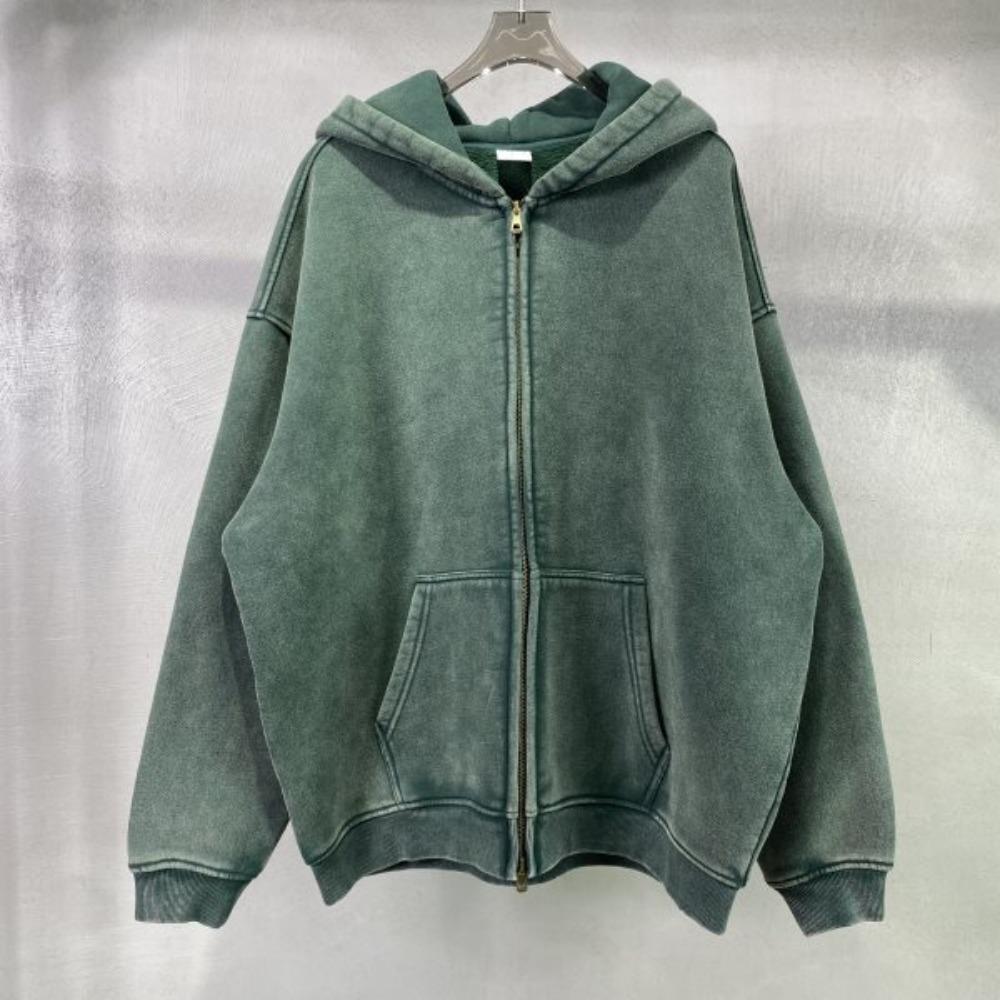 Vintage Distressed Double Zipper Hoodie Men Slightly Oversized Warm Jacket American Streetwear 2024 New