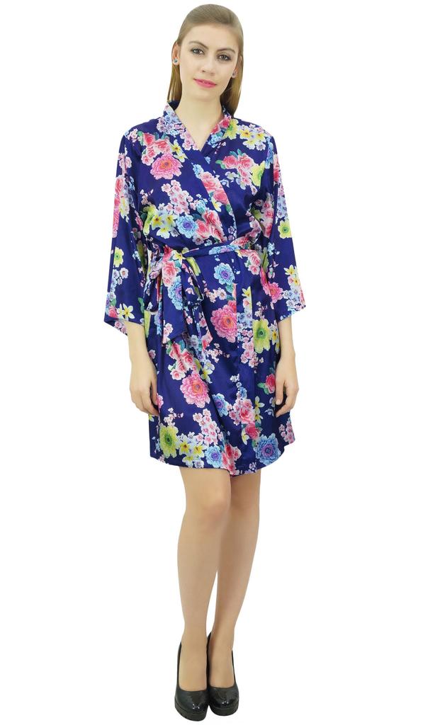 Bimba Womens Blue Floral Satin Kimono Bridesmaid Bride Getting Ready