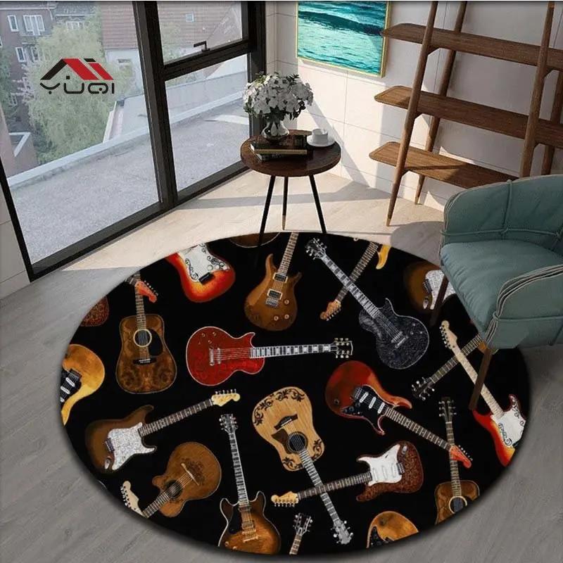 Guitar Music Round Area Rug – Soft Non-Slip Floor Mat for Living Room or Bedroom – Musical Pattern Carpet, 5 Sizes Available