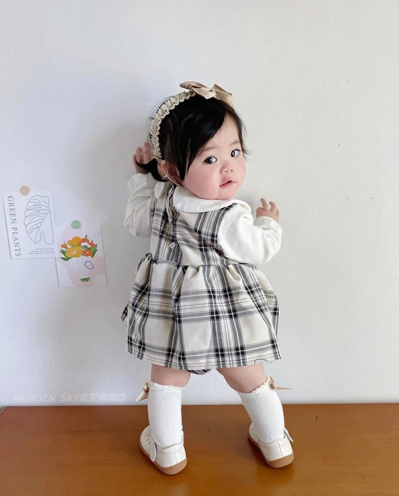 Baby Clothes Long Sleeve One Piece Dress Romper Checkered Layered Baby Newborn Girl Room Wear Cute Cotton Soft [SLINX] (Red, 73)