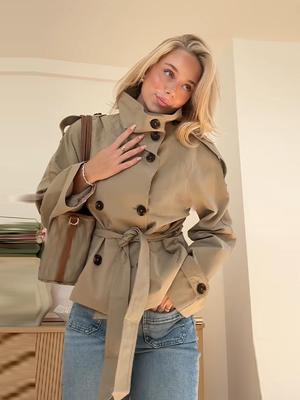 Fall Winter Women's Coat - Belted Double-Buckle Short Windbreaker Jacket