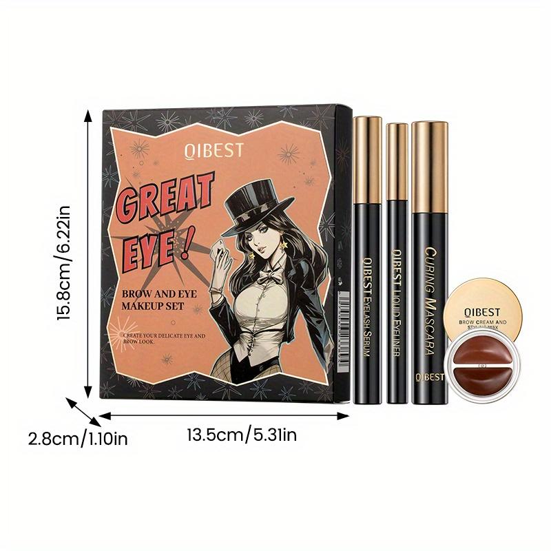 Set di mascara + eyeliner + siero per ciglia + crema per sopracciglia, set per il trucco degli occhi e delle sopracciglia, anti-sudore, non facile da togliere, trucco naturale per gli occhi a lunga durata