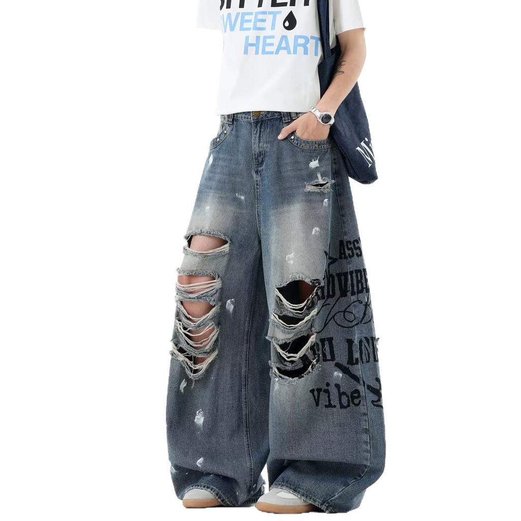 American niche retro high street design ripped jeans autumn high waist loose vibe fried street mopping pants tide