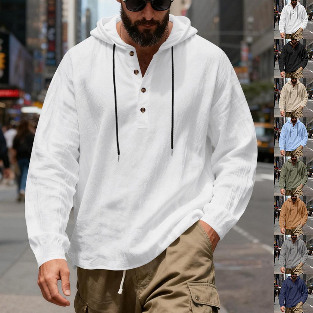 Herren Leinen Kapuzenpullover Leichtes Hawaiihemd Lässiges Strandhemd Mit Taschen