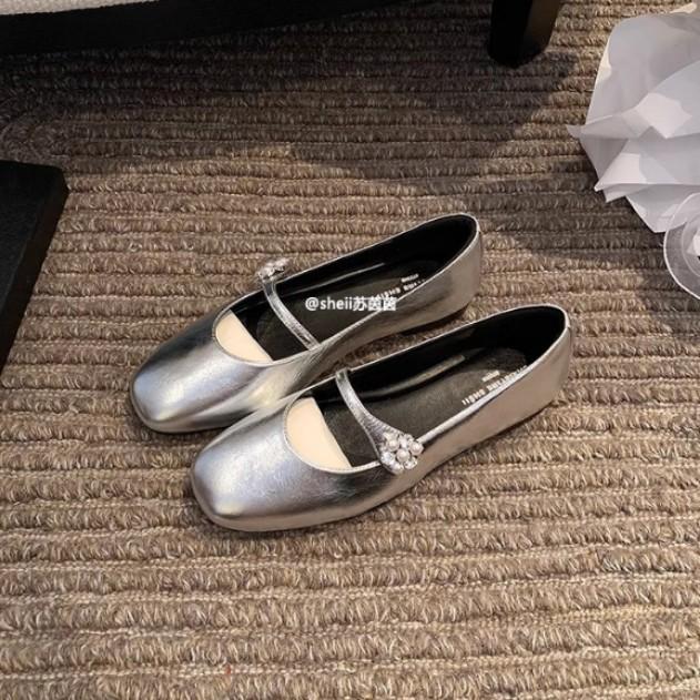 

Sheepskin version~ Beautiful leather rhinestone one-word buckle soft-soled single shoes women s spring pearl Mary Jane flat shoes ladyshoes 40 серебряный