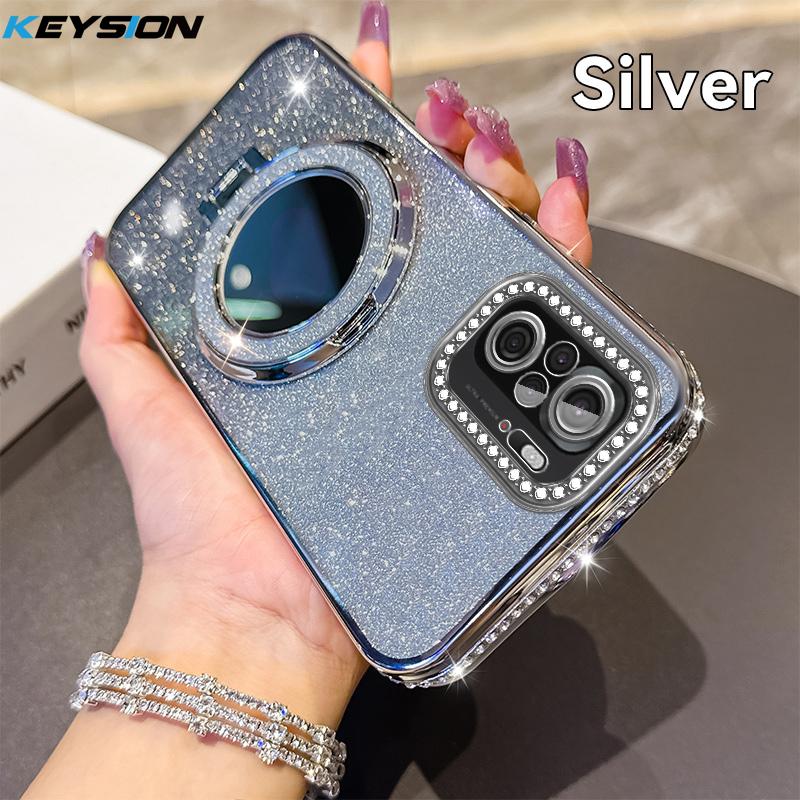 KEYSION Glitter Jewelled Magnetic Phone Case for Xiaomi M5S Makeup Mirror Stand Shockproof Cover for Redmi Note 10 10S 10 Pro 4G