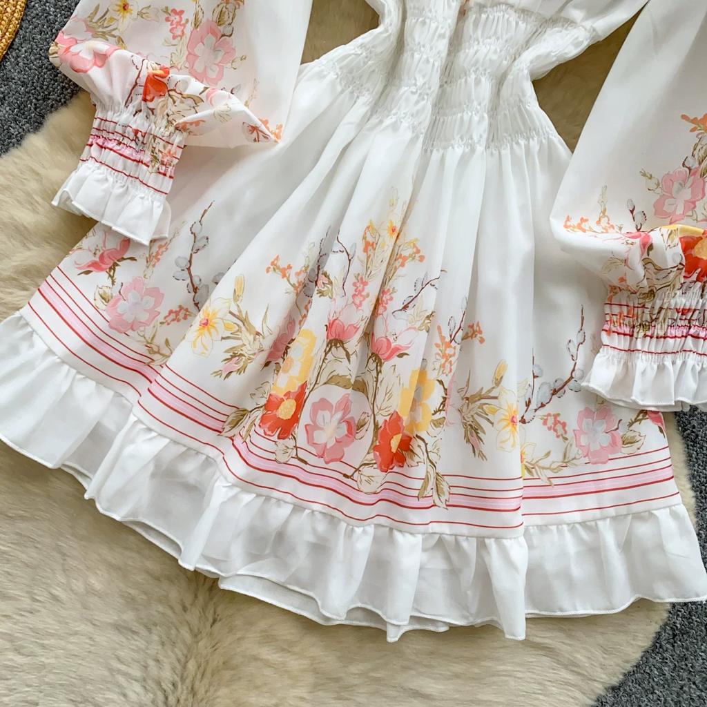Boho Floral Off Shoulder Floral Print Mini Dress Women Long Sleeve Ruffle Hem Smocked Waist Vintage Summer Beach Dress
