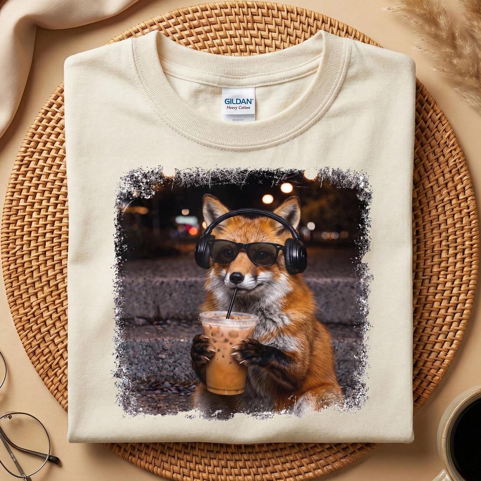 Cool Fox Drinking Boba Tea T-Shirt, Funny Fox Lover Shirt, Cute Fox Meme Tee, Fox Gift For Her Him, Animal Lover Gift S