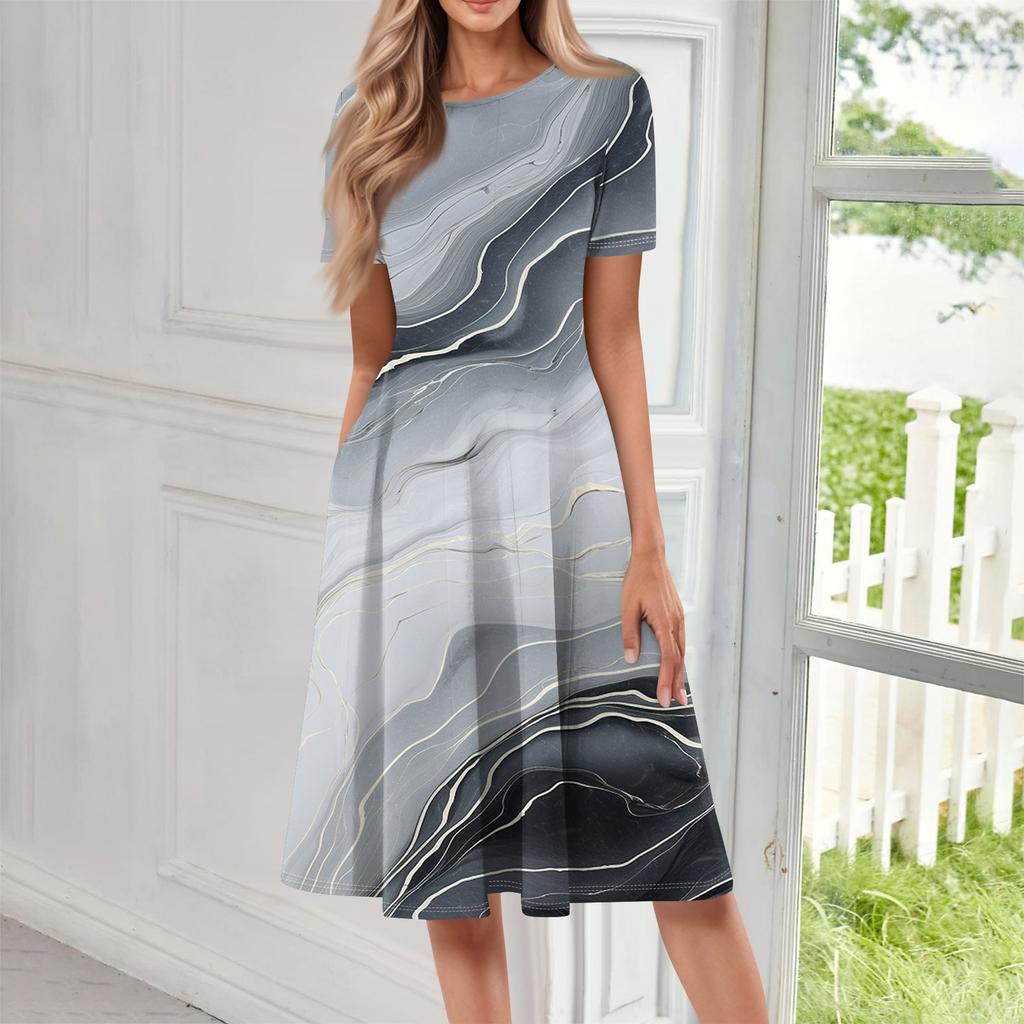 Abito lungo casual stampato da donna con scollo rotondo