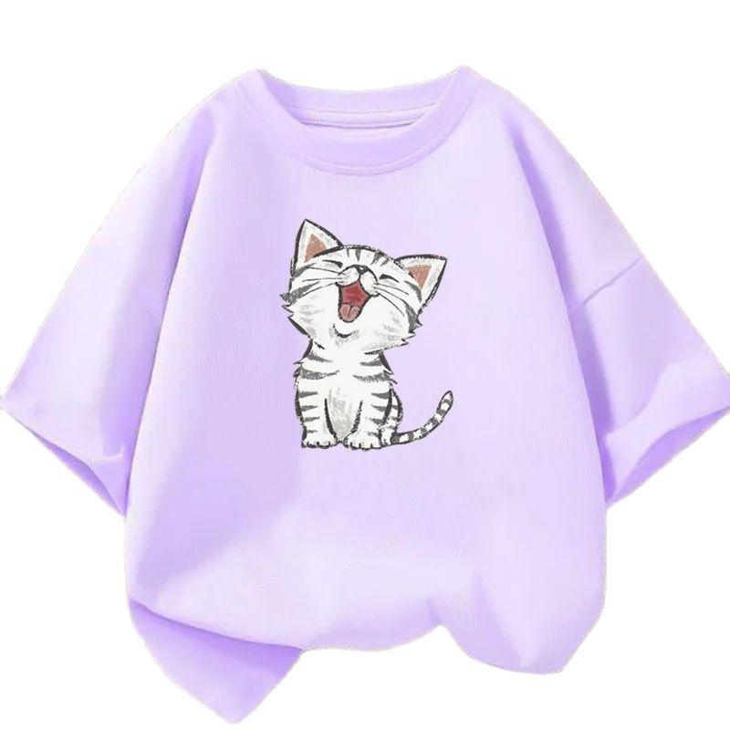 Girls Clothes 2025 Summer Fashion T-Shirt Fun And Cute Cat  Print Short-Sleeved Tops Children Summer Clothes