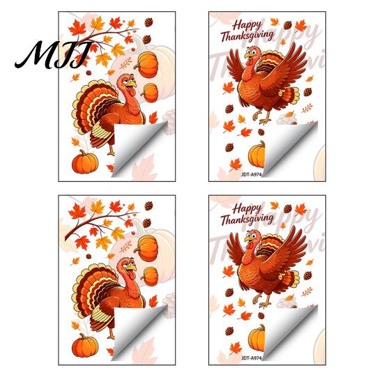 Autumn Theme Room Decor Thanksgiving Static Window Clings, Cartoon Double Turkey Pumpkin Maple Leaf No?Glue Stickers Glass Decals, Waterproof