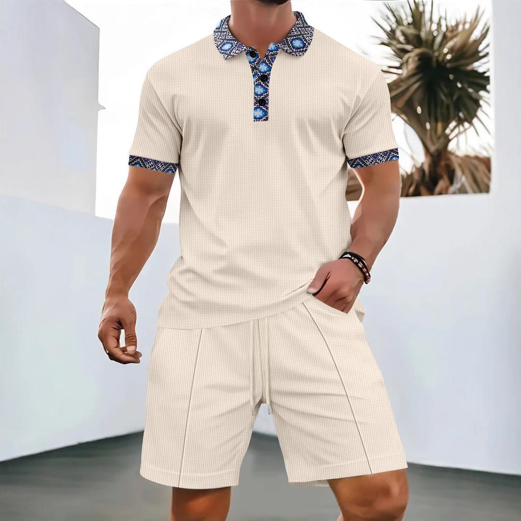 Sommer Herren Waffelknöpfe einfarbig Revers Kurzarm T-Shirt Shorts Freizeitanzug