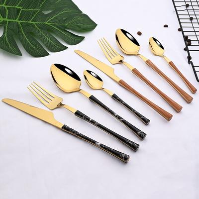 Nuovo Stile Set 1/4/6/8 Posate Set Posate Acciaio Inossidabile Nero Oro Stoviglie in Legno Posate per Cibo Occidentale Coltello Forchetta Cucchiaio