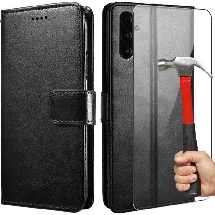 Coque portefeuille - Samsung - A13 5G - Noir - Effet cuir - Verre trempé