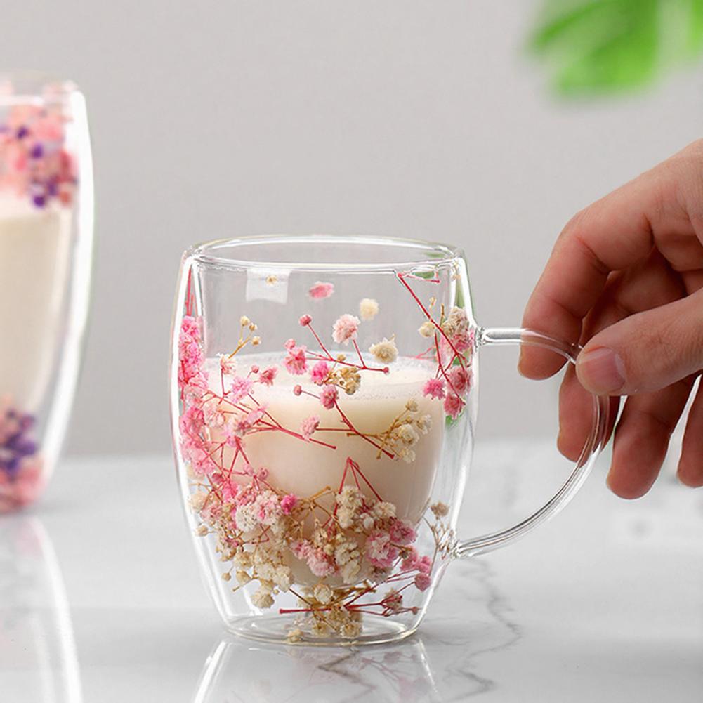 350ml Dried Flowers Double Wall Insulated High Borosilicate Glass Cup Double Walled Glass Cup Insulated Coffee Mug Drinking Cup