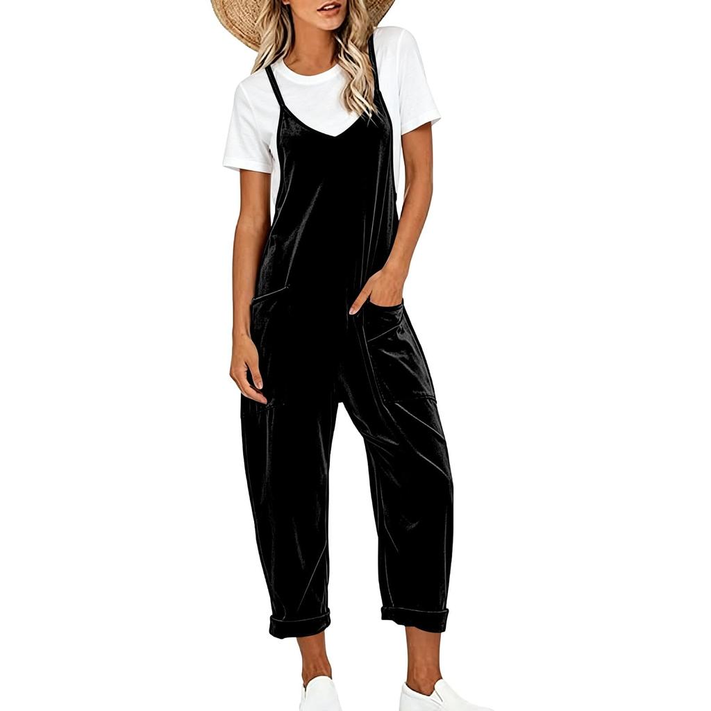 Women's V-Neck Sleeveless Color Jumpsuit with Large Pockets Loose Fit Casual