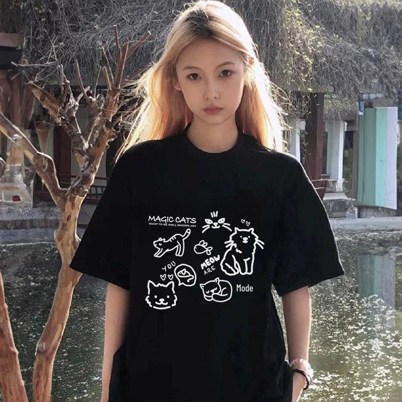 Korean Style Plus Size Cartoon Print Short Sleeve Women's Summer Loose Fit T-shirt