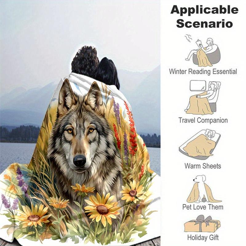 1pc Wolf Amidst Sunflowers and Lavender Blanket Seasonal Home Decorative Throw for Couch, or Car Seat Cover,Living Room, Travel, Camping