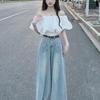 Trendy High-Waisted Wide-Leg Flare Jeans for Women - Slimming, Lightweight, Floor-Length Pants Skirt