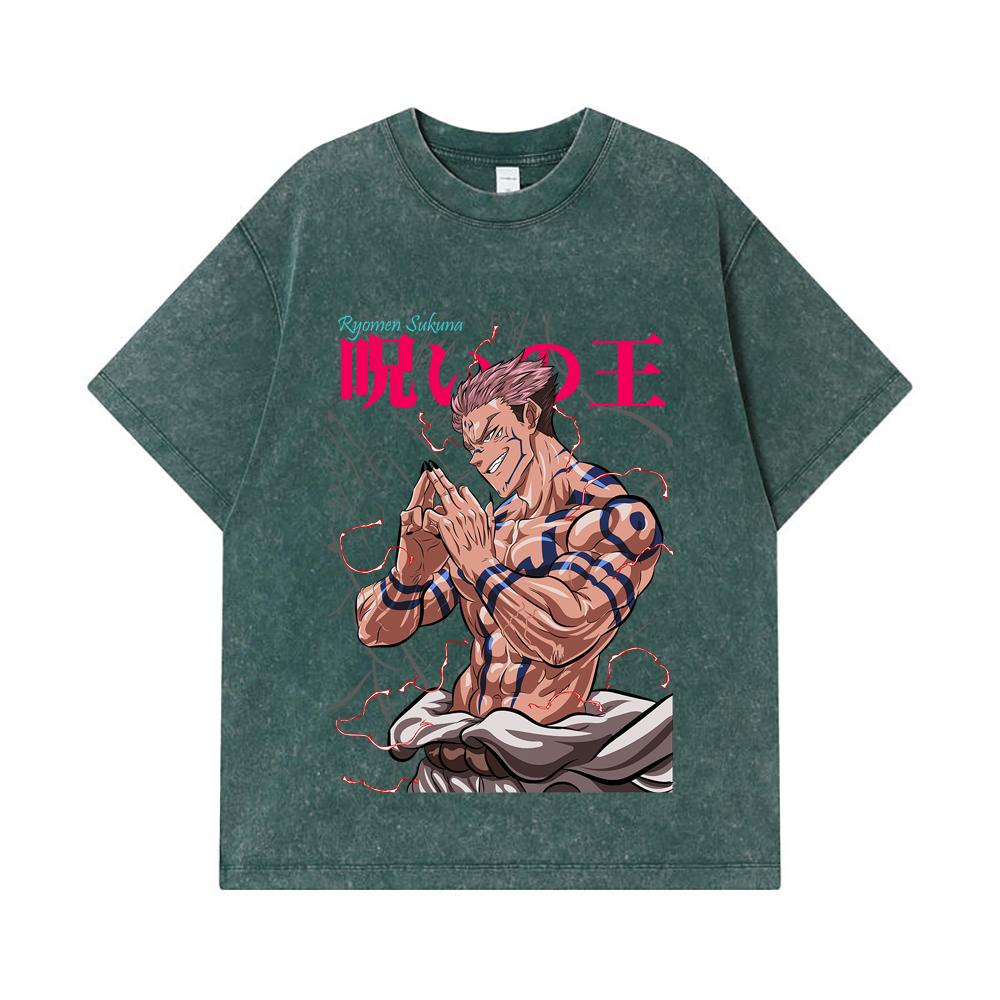 275 GSM Washed T-shirts 100% Cotton Jujutsu Kaisen V46 Sukuna Print Unisex Heavy Cotton T Shirt
