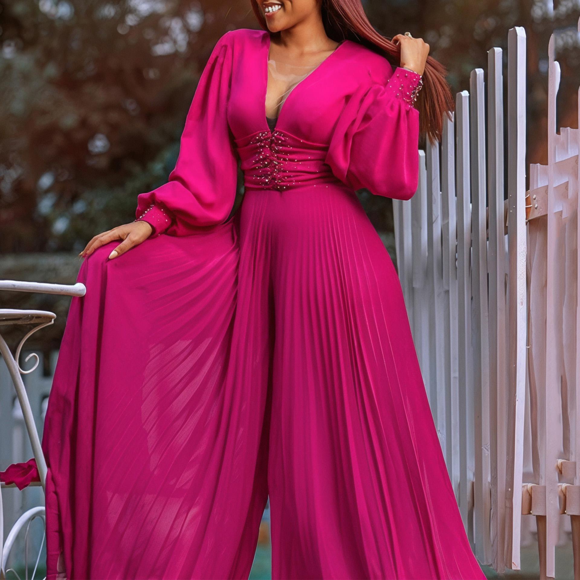 

Women Pleated Jumpsuits Rompers Elegant V Neck Long Sleeve Plus Zize Floor Length Party Rompers Clothe Women Pants XXXL
