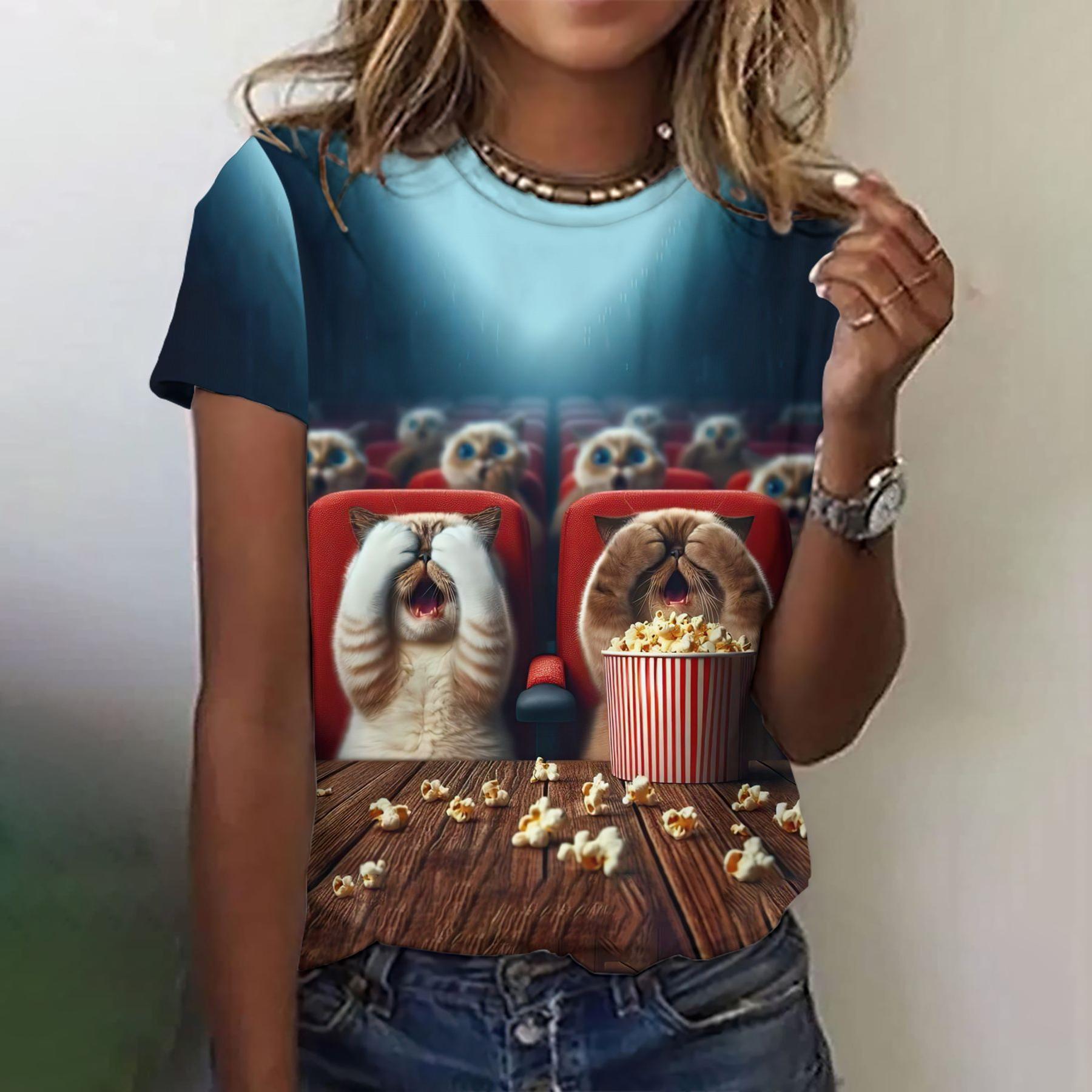 

Модная футболка с принтом кота для женщин, забавные футболки с изображением животных, летние повседневные уличные свободные футболки с коротким рукавом, топы с круглым вырезом 2025 XL