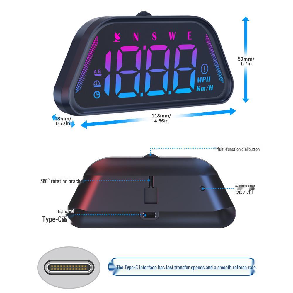 Universal Car HUD Head-Up Display with BeiDou GPS, Altitude, Date, and Colorful Speedometer