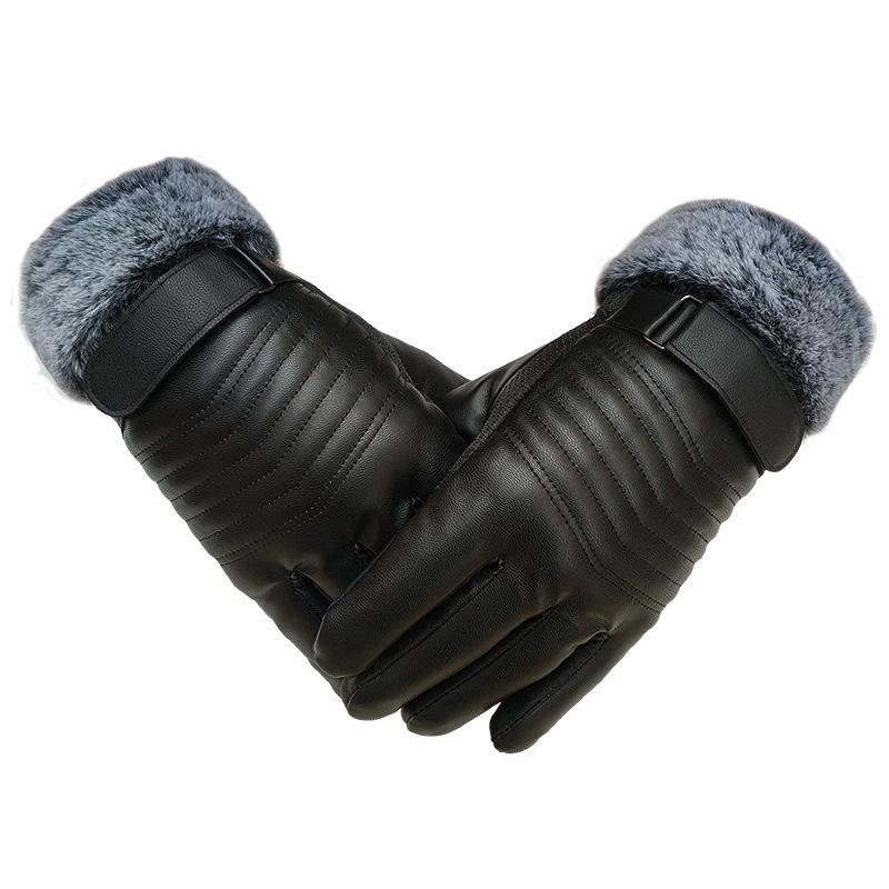 Winter Men's New Hairy Touch Screen Leather Gloves for Outdoor Riding, Cold-proof and Warm, Thickened Rainproof Motorcycle Cotton Gloves