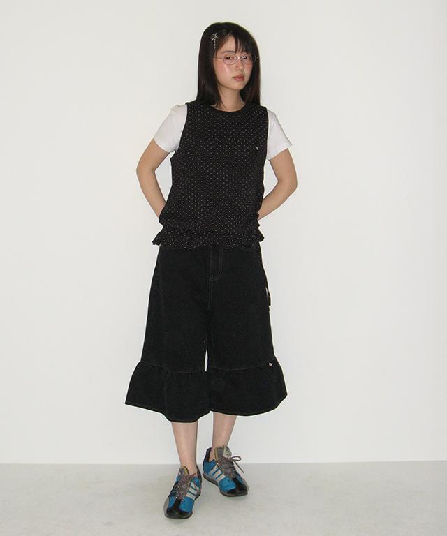 RONRON Frill Shirring Sleeveless Black Dot