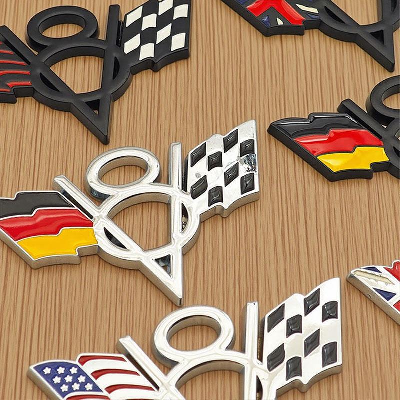 3d Metal American V8 United Kingdom Germany USA National Flag Logo Car Bumpers Side Badge Rear Trunk Sticker ID Plate Sticker Car Accessories