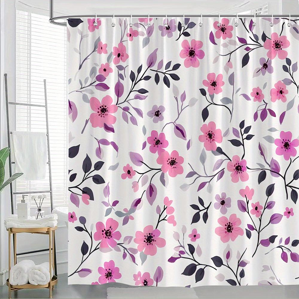 1 Pink Purple Floral Shower Curtain - Digital Seamless Modern Design, Dark Center Flowers and Curved Stems, Polyester Fabric
