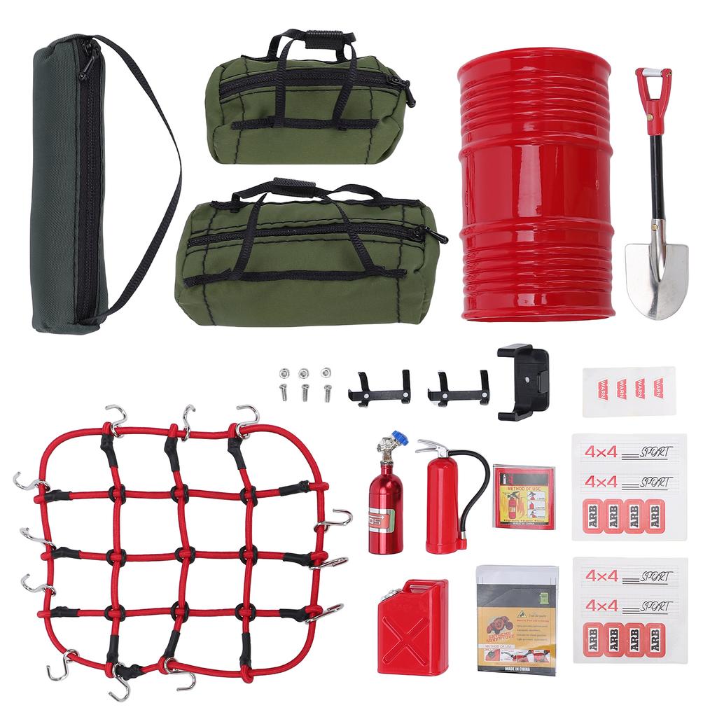 Simulation Decor Set, Includes Bags, Luggage Net, Fuel Tank, Oil Drum, Jack, Fire Extinguisher and Shovel for 1:10