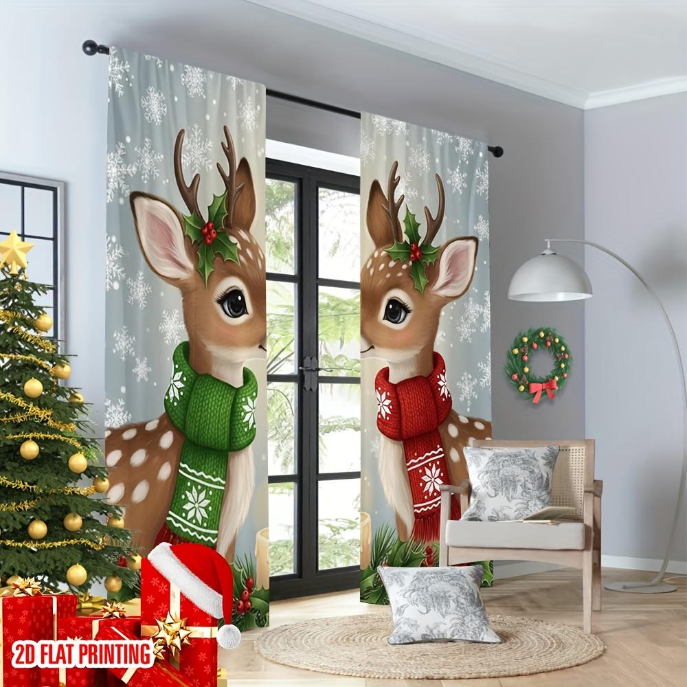 2PCS Christmas Winter Curtains, Cute Christmas Reindeer Snowflake, Digital Print, Bedroom Living Room, Rod Pocket, Home Decor