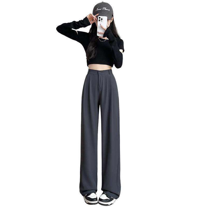 Women's Summer Narrow Version Slim Fit Trousers Lightweight Drapey Casual Straight Leg Suit Pants Wide Leg