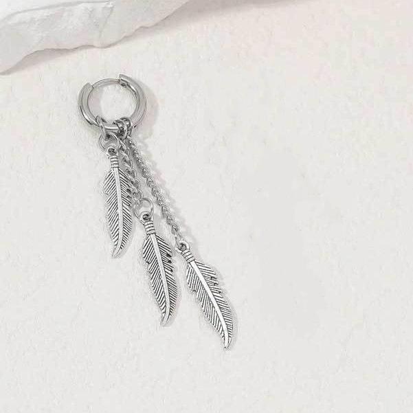 Kreativní Barevné Nerezové Pírko a List Řetízkové Klipy na Uši - Trendy Dlouhé Visací Náušnice