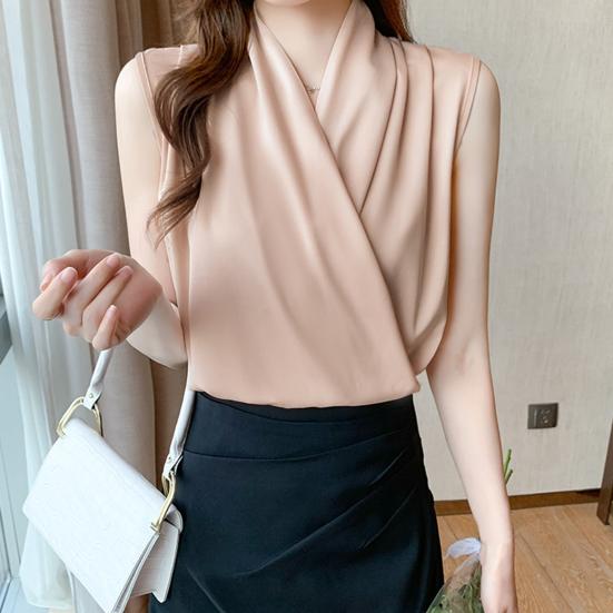 Wrap V-Neck Sleeveless Slim Fit Women Top Solid Color Satin Blouse