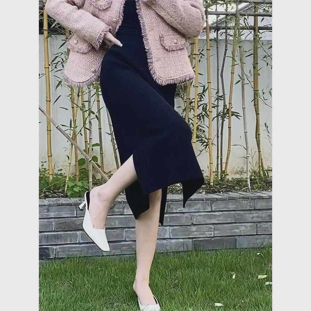2024 Podzim/Zima Velká velikost Pletená sukně s rozparkem - Zakrývající břicho, Středně dlouhá, Šik a Všestranná