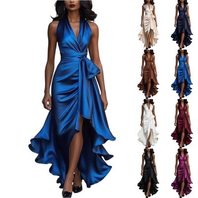 Women's Fashion Solid Color V-neck Sleeveless Irregular Skirt Dress