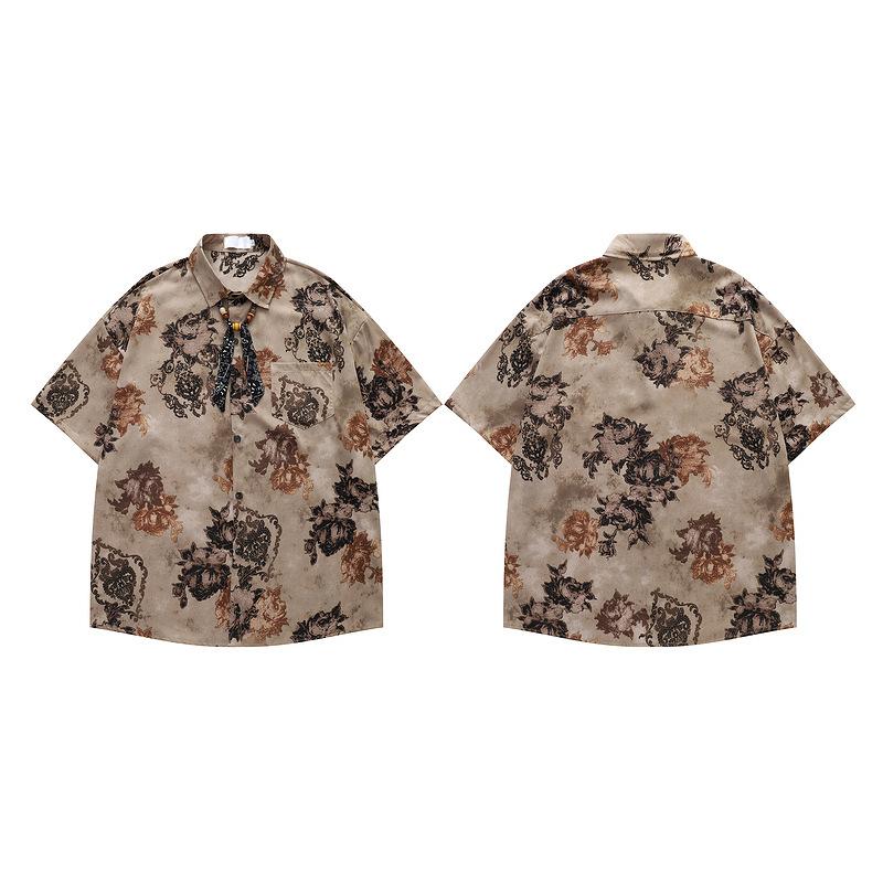 Niche designgevoel van oud bloemenkortemouwenshirt mannen en vrouwen koppels retro los casual zomer casual shirt mannen