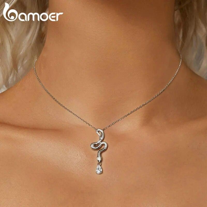 BAMOER 925 Sterling Silver Snake Pendant Necklace Pave Setting CZ for Women Adjustable Chain Link Fine Jewelry Party Gift
